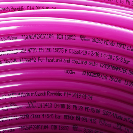 Труба для теплої підлоги з кисневим бар'єром Koer PEX-B EVOH 16*2,0 (pink) (200 м) (KR2865)